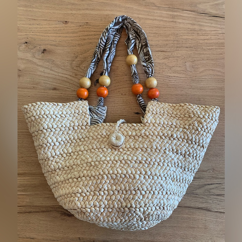 Rattan Woven Natural Macrame Linen Lined Scarf Handle Beaded Bag Women’s Prelove